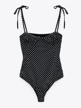 Zara polka dot printed satin-effect bodysuit with adjustable shoulder tie